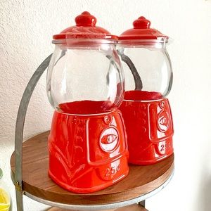 Set of 2 red Target gum ball machine glass jar